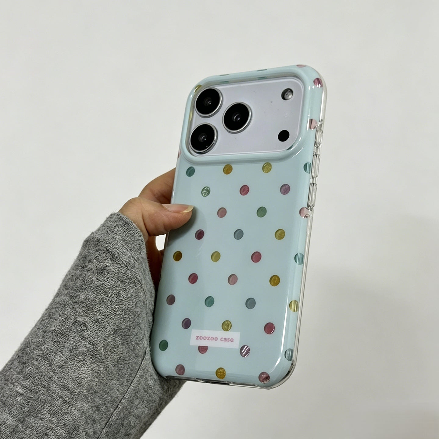 Cream Blue Polka Dot iPhone Case, Foil Textured Soft Cover