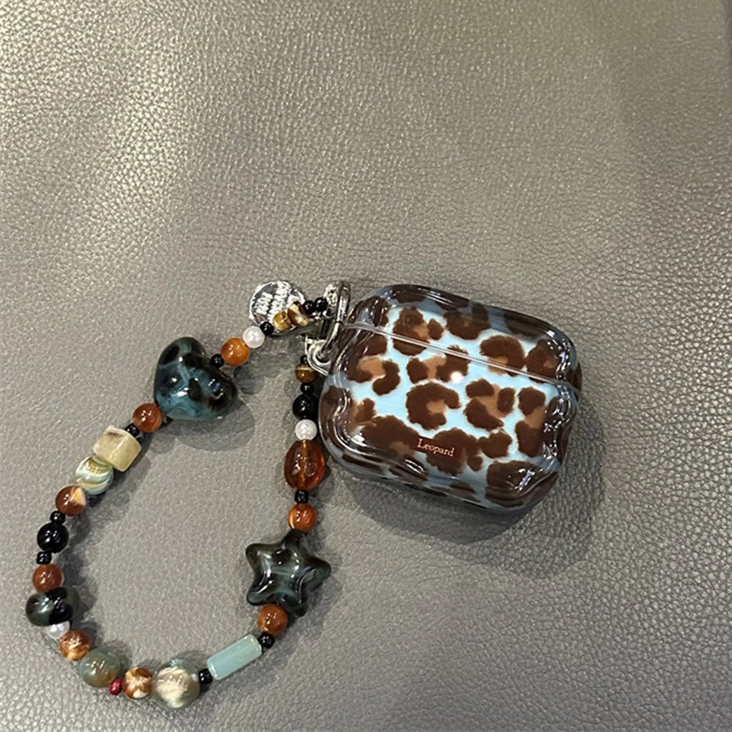 Vintage Blue‑Brown Leopard AirPods Case, Soft TPU Protective Cover with Beaded Pendant Option SEACASE