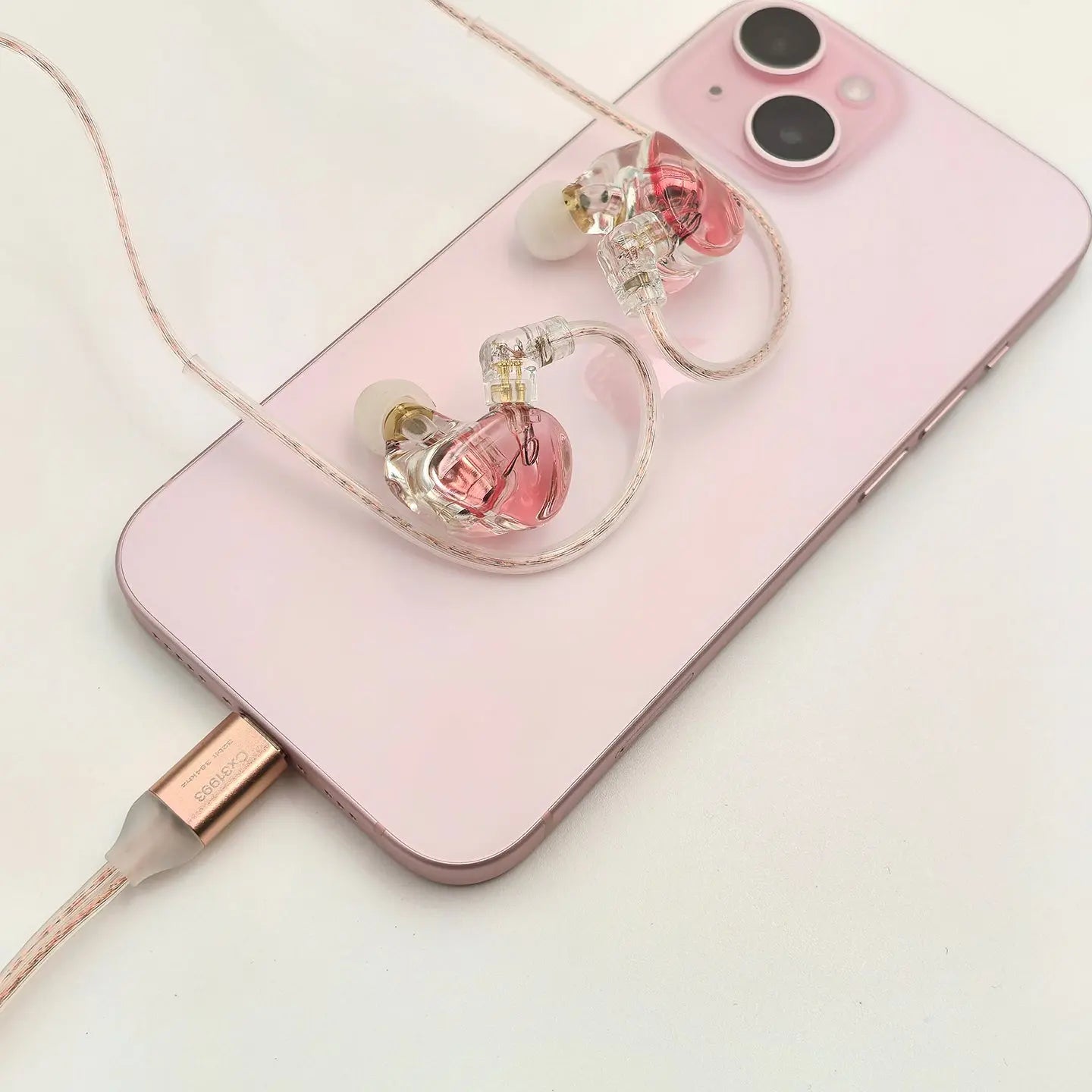Cherry Pink Clear Shell Wired IEM Earphones with Mic, Optional Lightning / Type-C / USB Audio Adapters for iPhone Android PC Gaming Streaming SEACASE