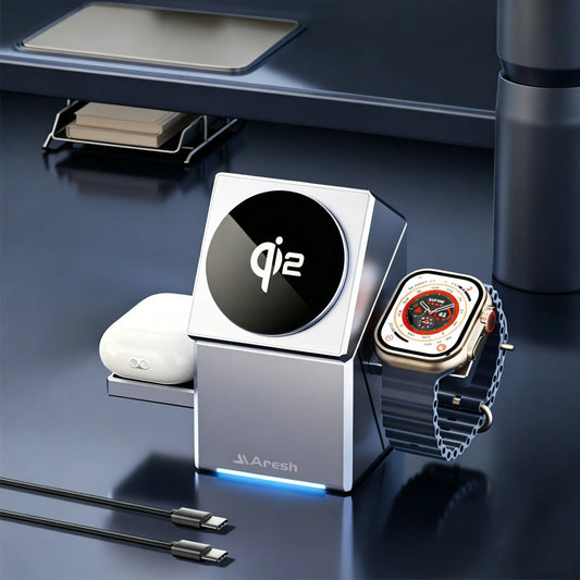 3-in-1 Electric Touch Rotating Magnetic Wireless Charger, Cube Charging Station for iPhone, Apple Watch & AirPods SEACASE