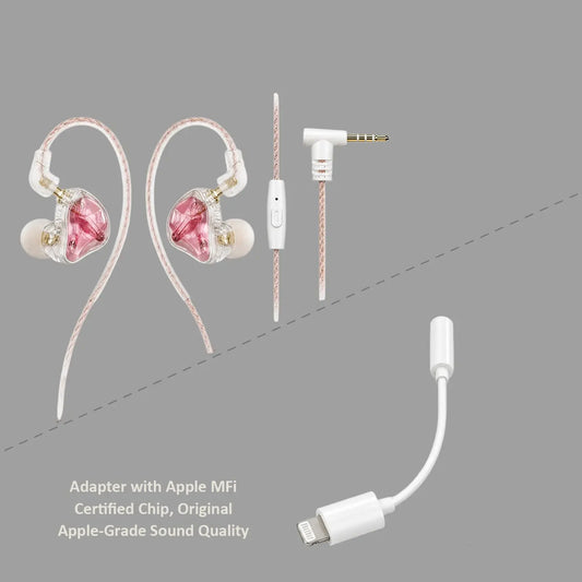 Cherry Pink Clear Shell Wired IEM Earphones with Mic, Optional Lightning / Type-C / USB Audio Adapters for iPhone Android PC Gaming Streaming SEACASE