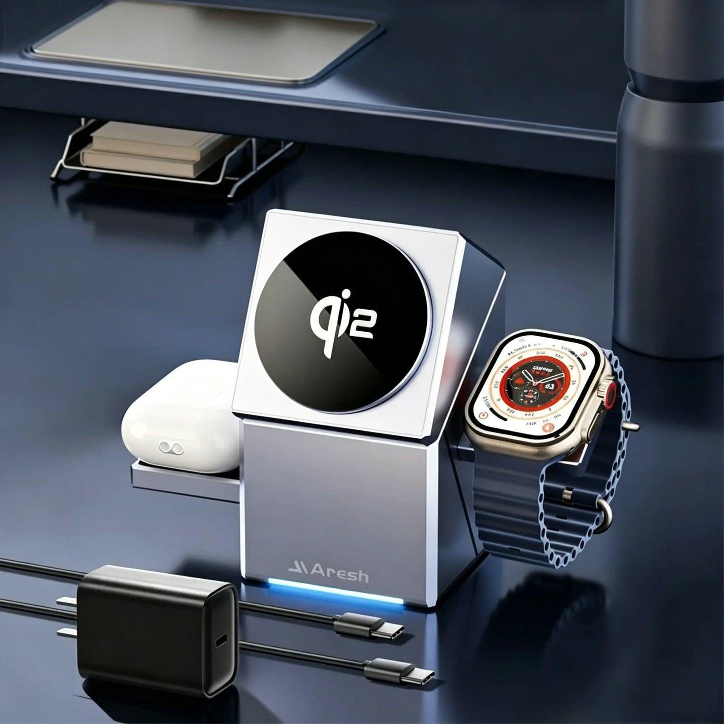 3-in-1 Electric Touch Rotating Magnetic Wireless Charger, Cube Charging Station for iPhone, Apple Watch & AirPods SEACASE
