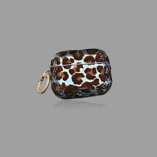 Vintage Blue‑Brown Leopard AirPods Case, Soft TPU Protective Cover with Beaded Pendant Option SEACASE