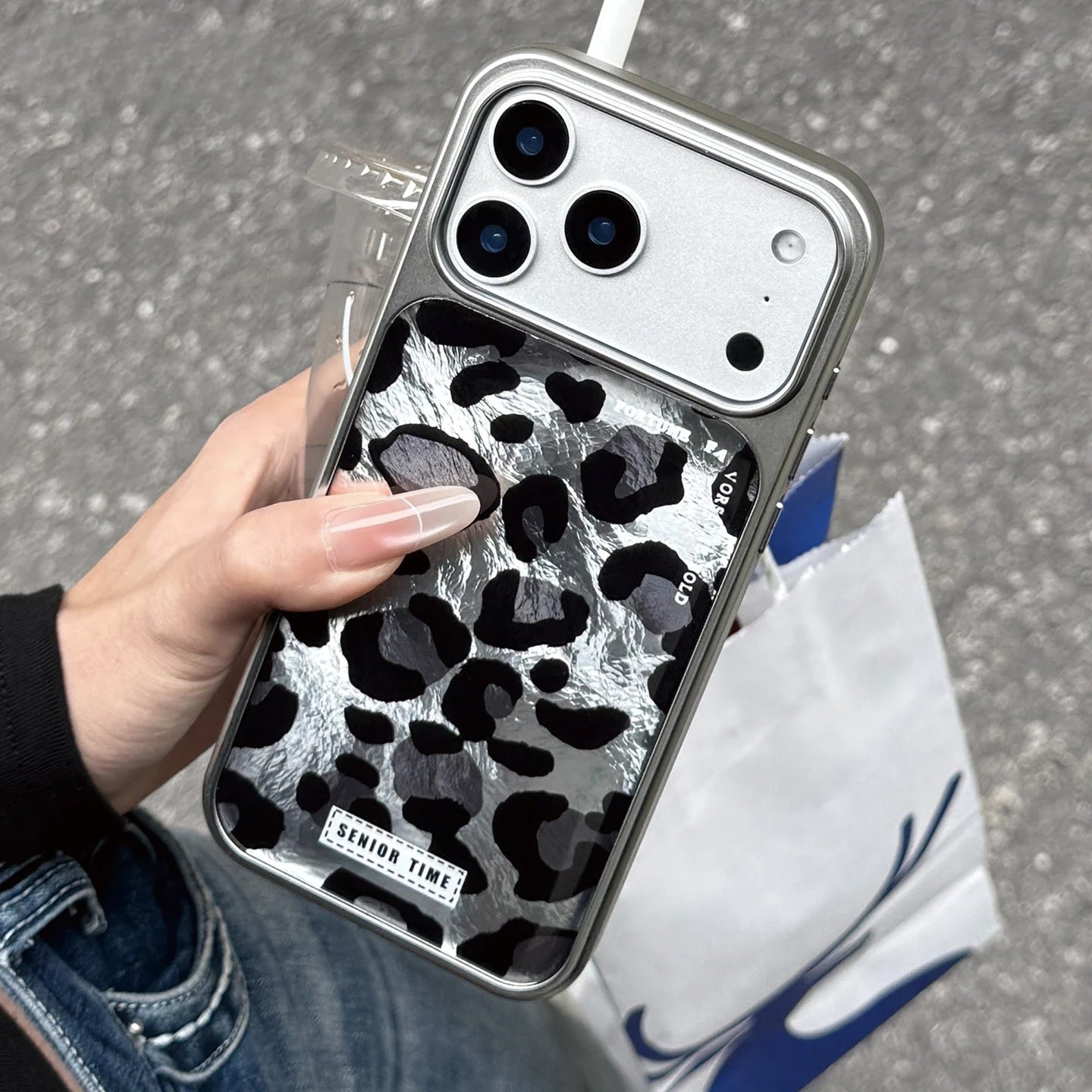 Vintage Black Leopard Print iPhone Case, Reflective Tin Foil Texture