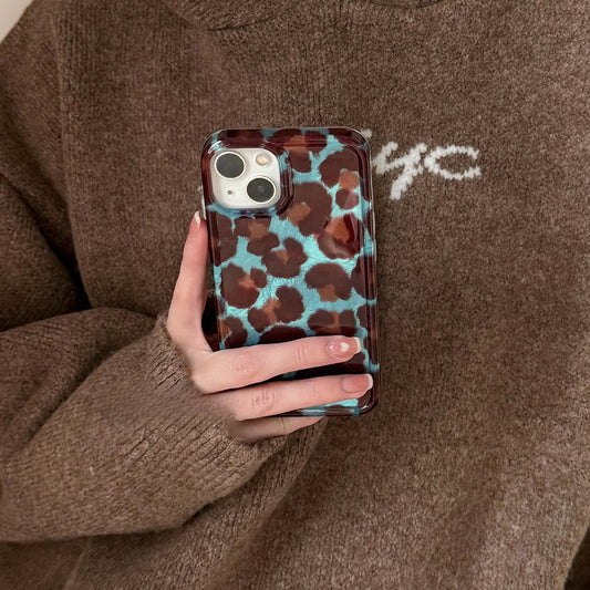 Vintage Blue-Brown Leopard Print iPhone Case, Reflective Tin Foil Surface