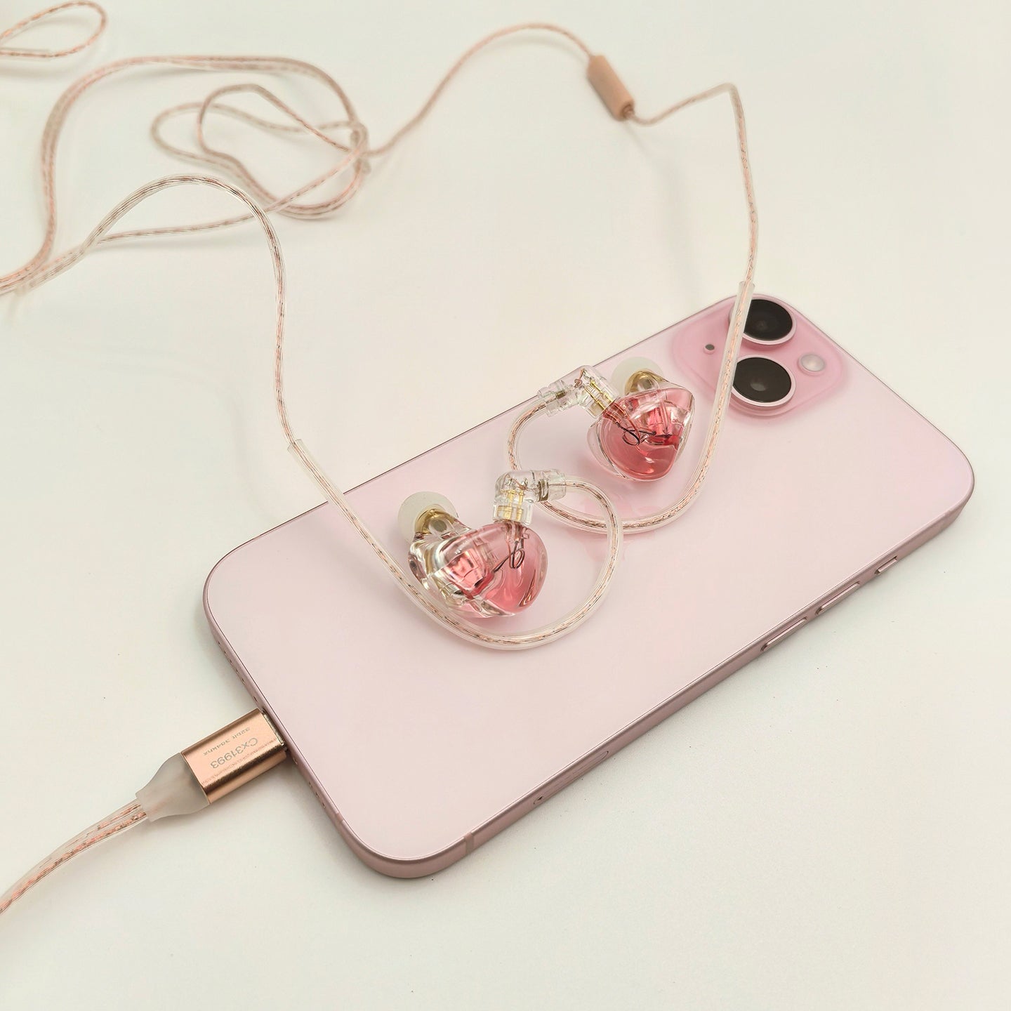 Cherry Pink Clear Shell Wired IEM Earphones with Mic, Optional Lightning / Type-C / USB Audio Adapters for iPhone Android PC Gaming Streaming