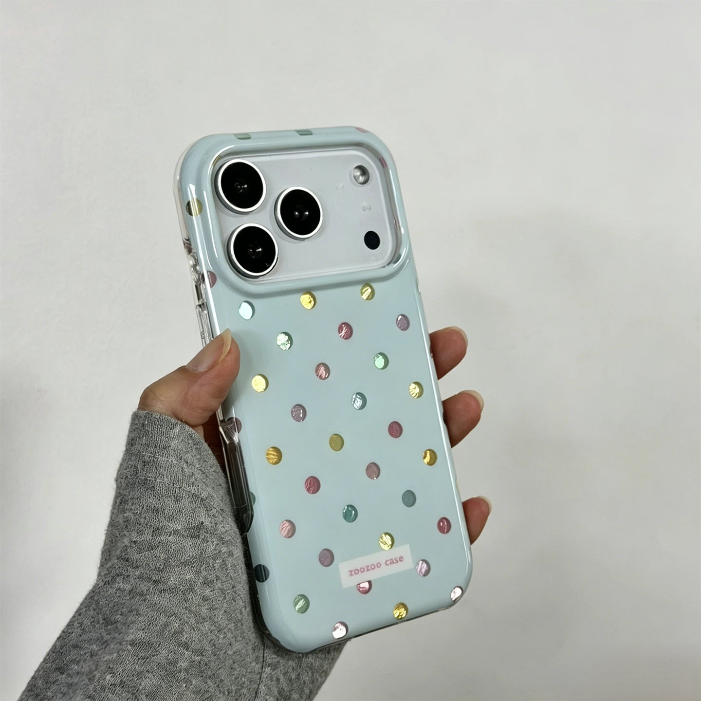 Cream Blue Polka Dot iPhone Case, Foil Textured Soft Cover