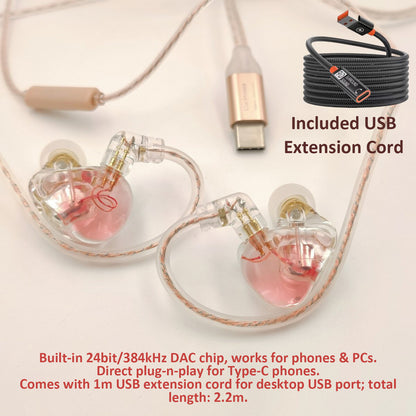 Cherry Pink Clear Shell Wired IEM Earphones with Mic, Optional Lightning / Type-C / USB Audio Adapters for iPhone Android PC Gaming Streaming