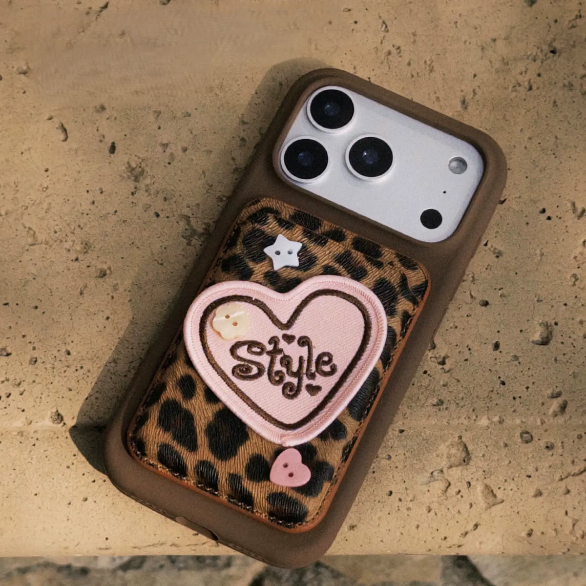 Cute Leopard Print Magsafe Card Case with Embroidered Heart Patch SEACASE