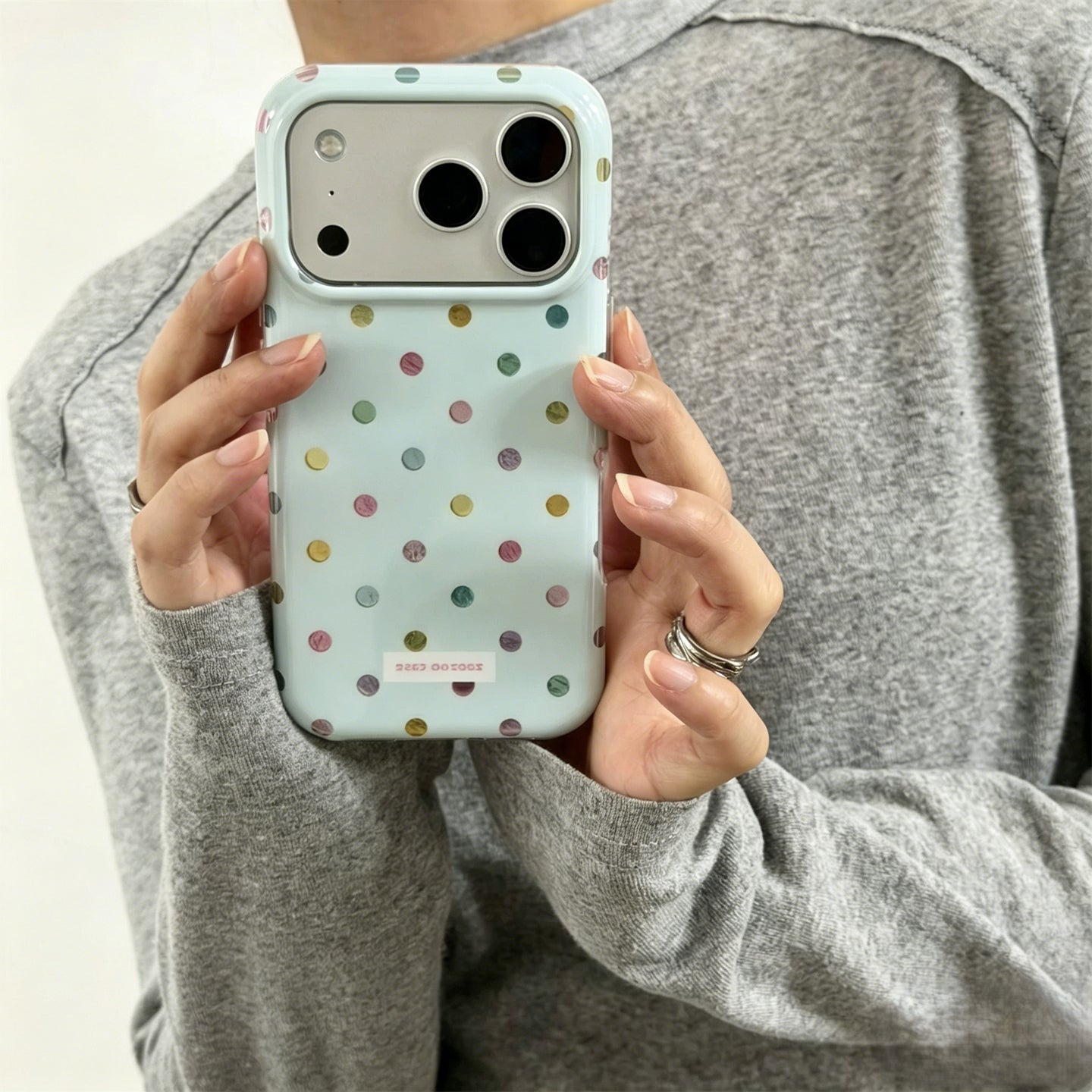 Cream Blue Polka Dot iPhone Case, Foil Textured Soft Cover