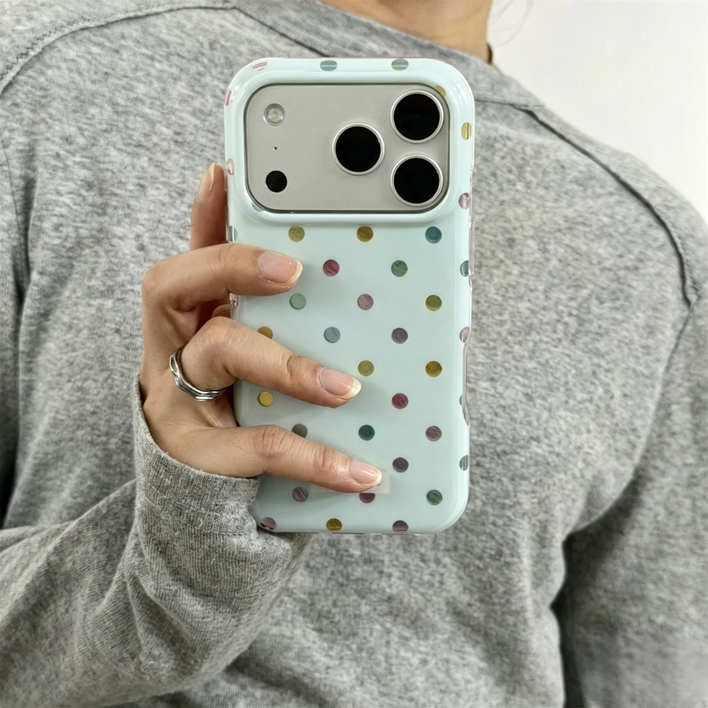 Cream Blue Polka Dot iPhone Case, Foil Textured Soft Cover