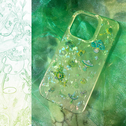 Green Iridescent Shell‑Texture Mushroom iPhone Case, Fresh Nature‑Style Protective Cover