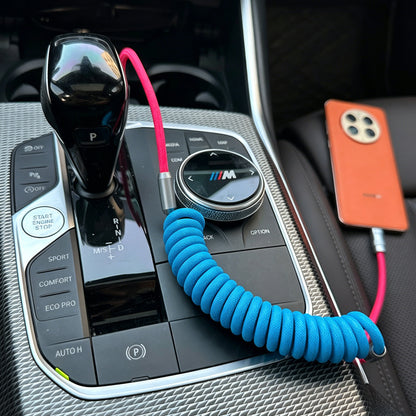 Two-Tone Coiled Braided Charging Cable, Retractable Spring Cord Supports CarPlay & CarLife Fast Charging