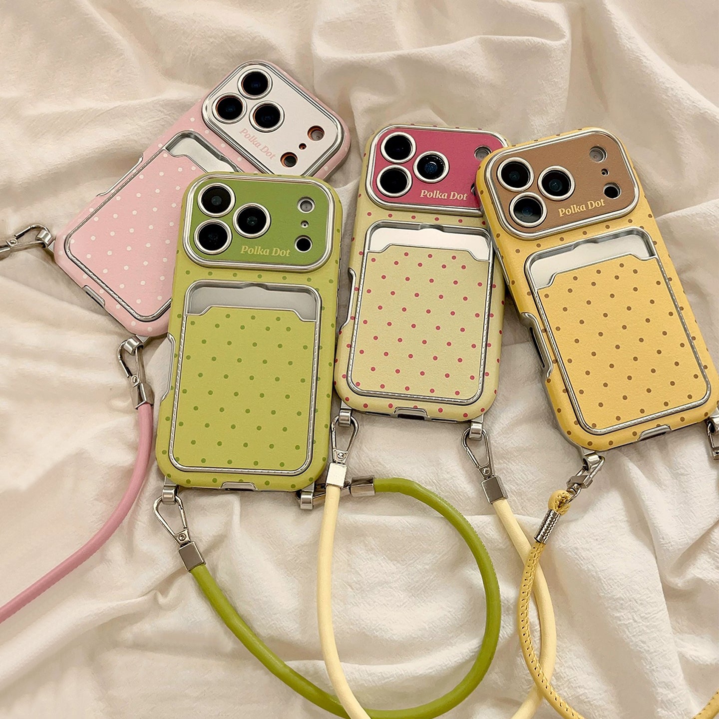Macaron Color Polka Dot iPhone Case, Soft Full Cover with Card Holder & Lanyard