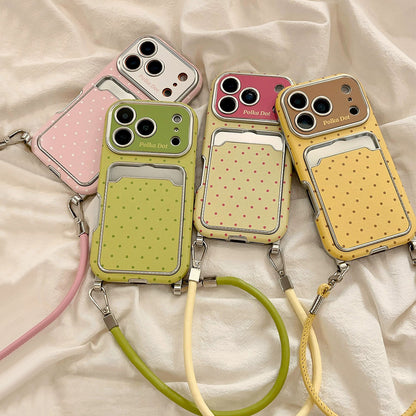 Macaron Color Polka Dot iPhone Case, Soft Full Cover with Card Holder & Lanyard