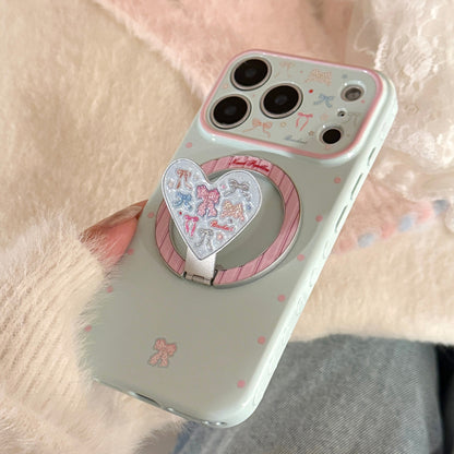 Ice Blue Polka Dot & Bow MagSafe iPhone Case with Heart Stand