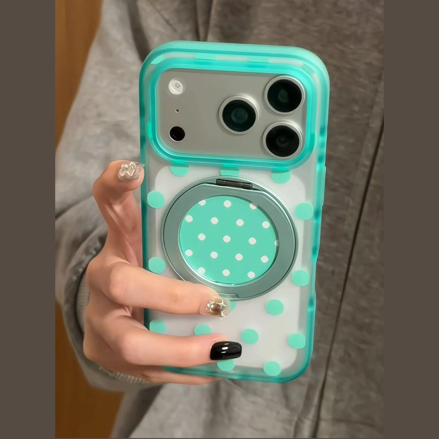 Mint Green Polka Dot iPhone Case with 360° Rotating Stand