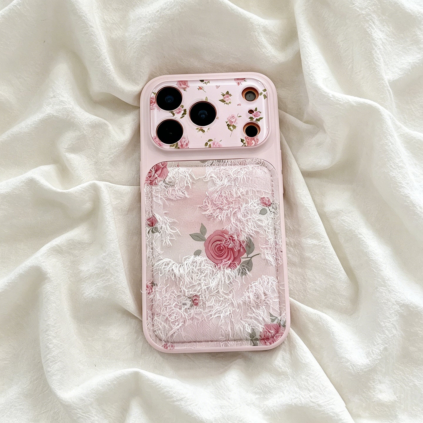 Pink Rose Lace Fringe iPhone Case, Vintage Floral Leather‑Texture Protective Cover