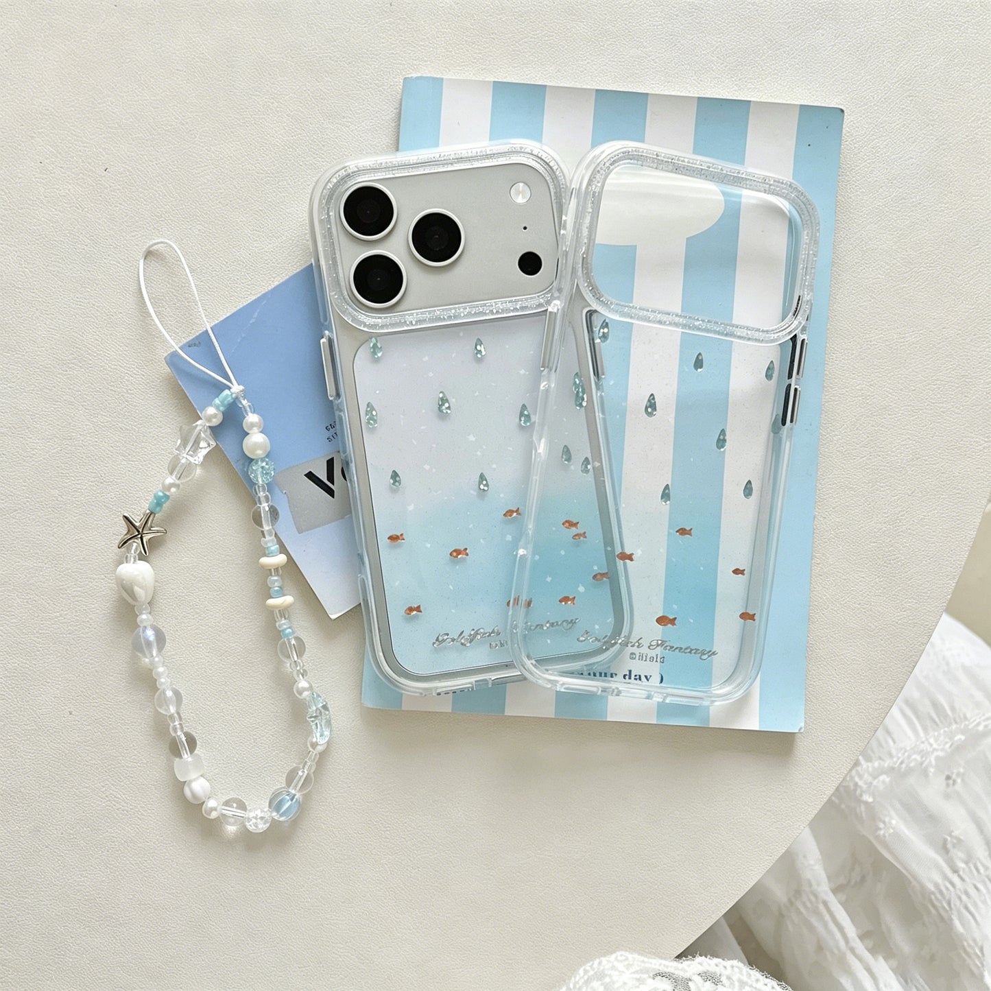 Ocean Fish & Water Drop Print iPhone Case with Starfish Bead Chain