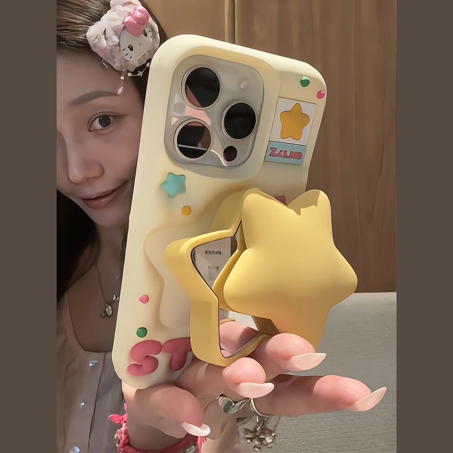 3D Star Mirror & Stand iPhone Case in Cream Yellow