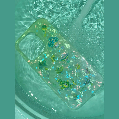 Green Iridescent Shell‑Texture Mushroom iPhone Case, Fresh Nature‑Style Protective Cover