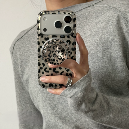Vintage Leopard Print Magnetic iPhone Case, Reflective Tin Foil Texture
