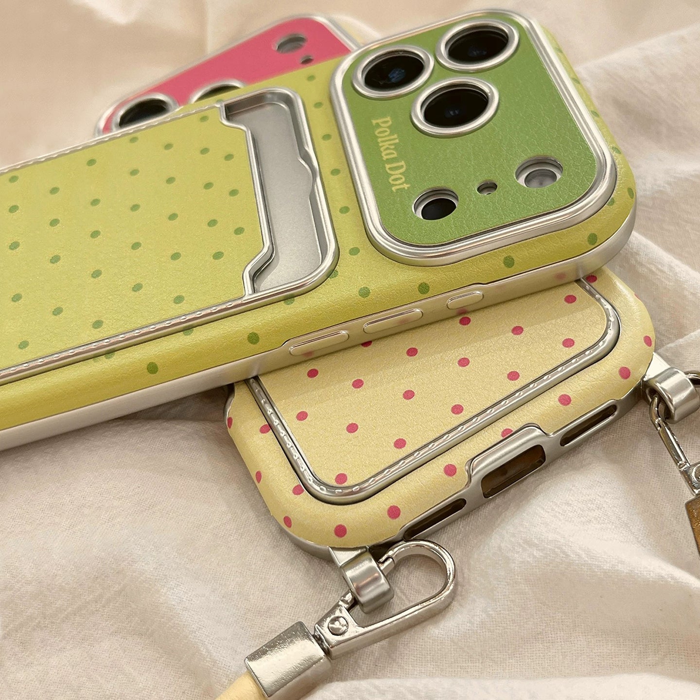 Macaron Color Polka Dot iPhone Case, Soft Full Cover with Card Holder & Lanyard