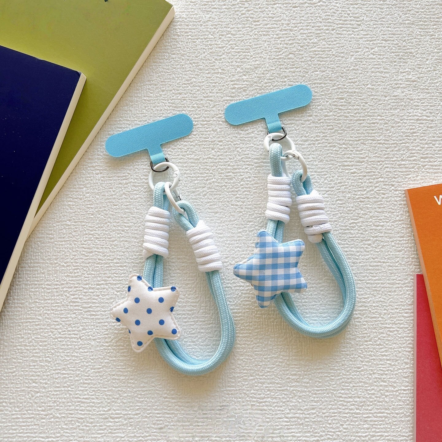 Blue Polka Dot & Gingham Star Wrist Strap, Cute Braided Phone Lanyard with T‑Shape Patch