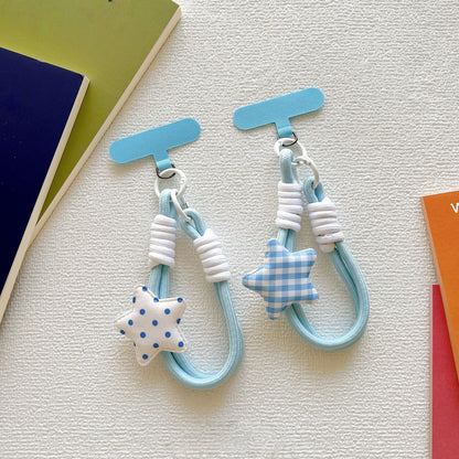 Blue Polka Dot & Gingham Star Wrist Strap, Cute Braided Phone Lanyard with T‑Shape Patch