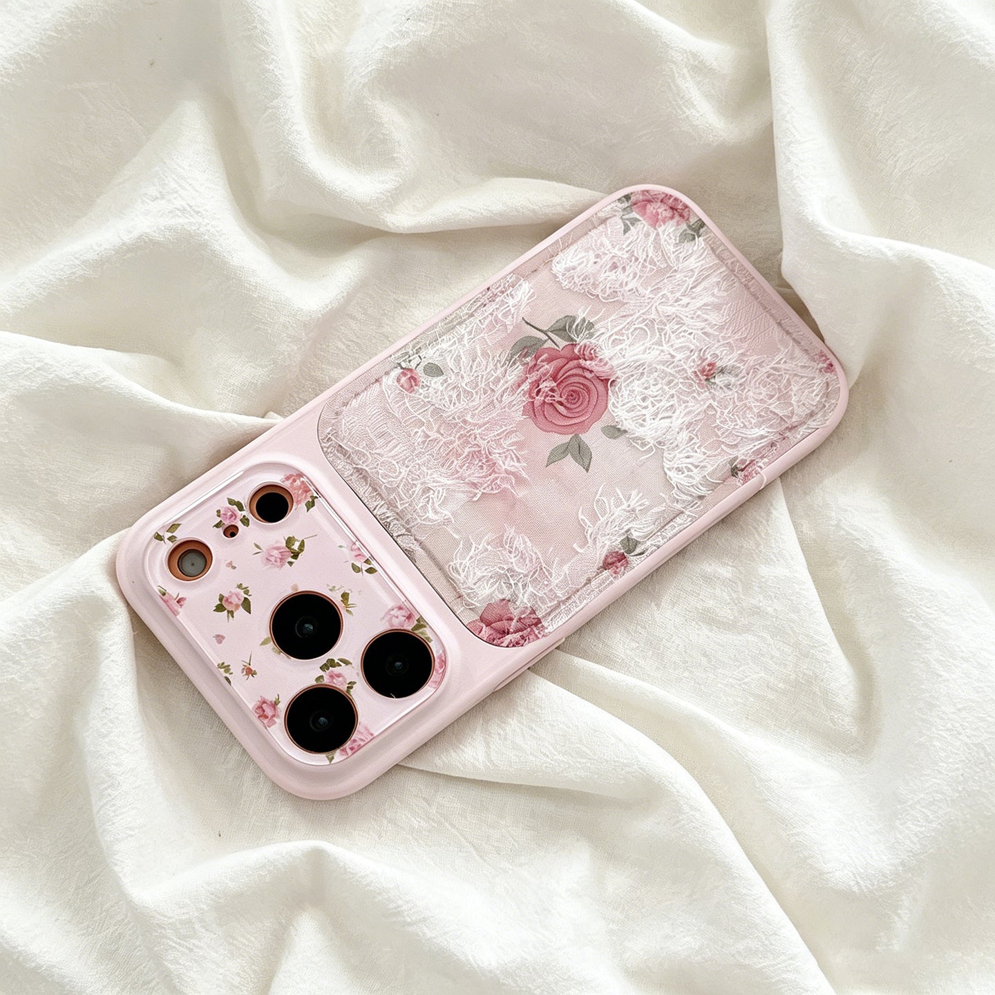 Pink Rose Lace Fringe iPhone Case, Vintage Floral Leather‑Texture Protective Cover
