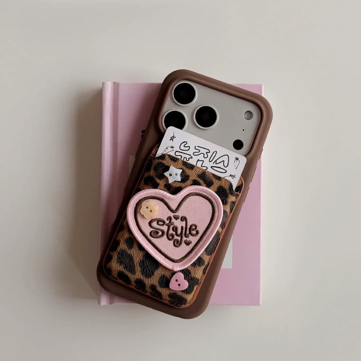 Cute Leopard Print Magsafe Card Case with Embroidered Heart Patch SEACASE
