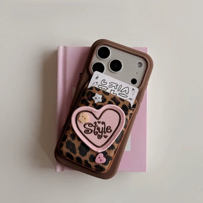 Cute Leopard Print Magsafe Card Case with Embroidered Heart Patch SEACASE