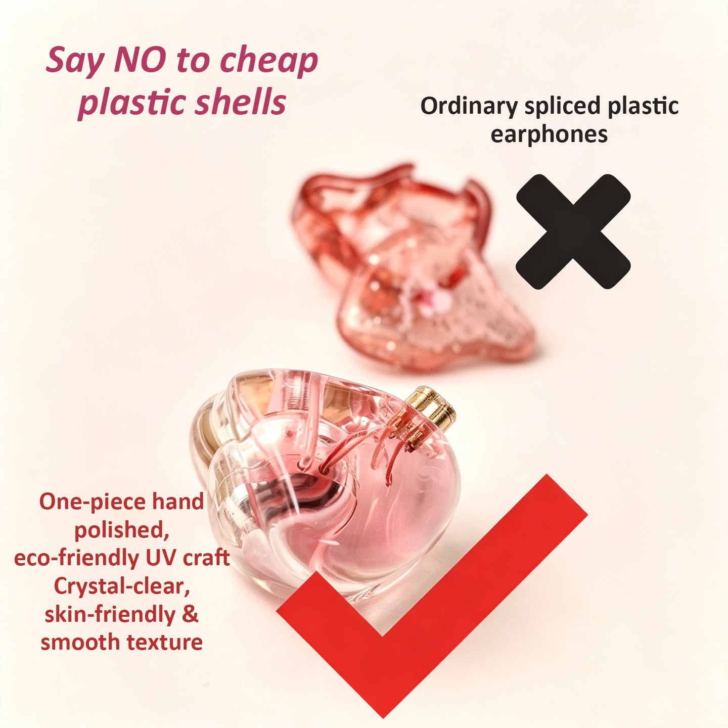 Cherry Pink Clear Shell Wired IEM Earphones with Mic, Optional Lightning / Type-C / USB Audio Adapters for iPhone Android PC Gaming Streaming