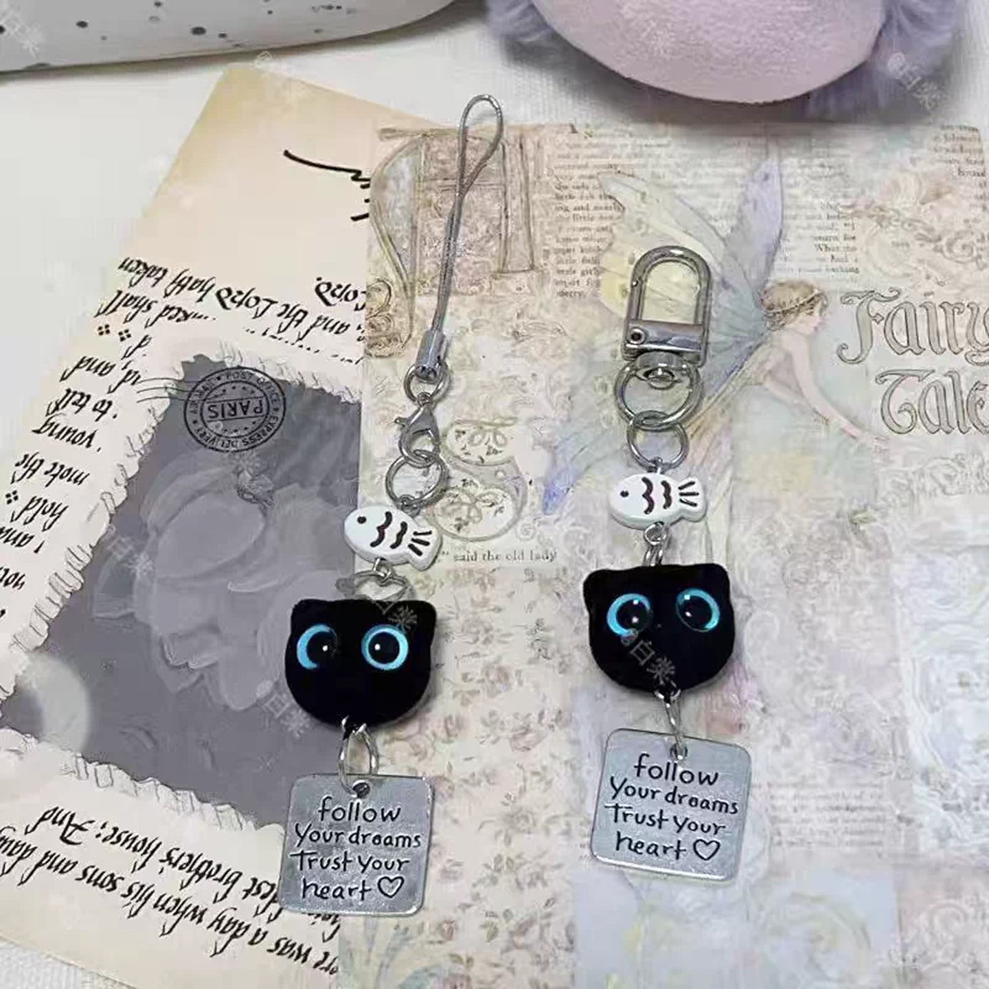 Cute Flocked Black Cat Keychain, Phone Charm Bag Pendant
