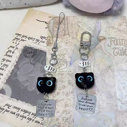 Cute Flocked Black Cat Keychain, Phone Charm Bag Pendant