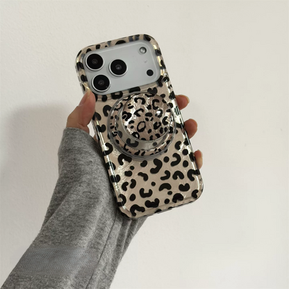 Vintage Leopard Print Magnetic iPhone Case, Reflective Tin Foil Texture