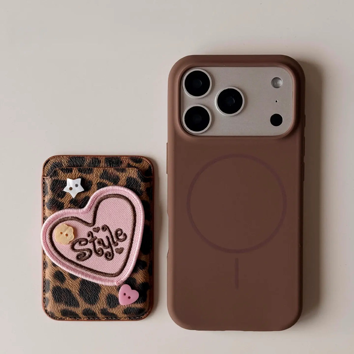 Cute Leopard Print Magsafe Card Case with Embroidered Heart Patch SEACASE