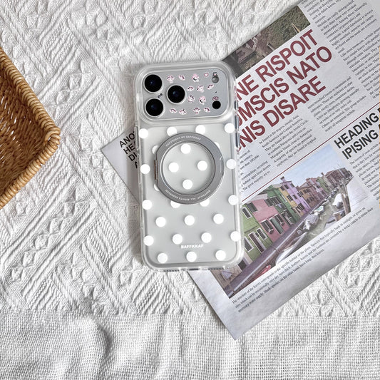 White Polka Dot Frosted Semi-Transparent iPhone Case with Built-in Ring Holder
