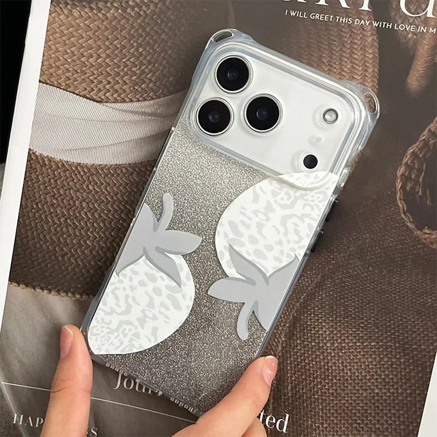 Transparent Gray Strawberry iPhone Case with Silver Leather Strap SEACASE
