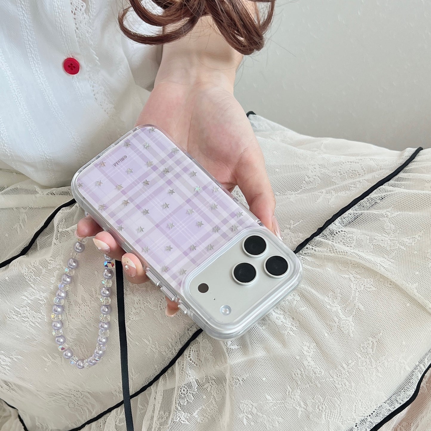 Purple Plaid Star iPhone Case with Pearl Chain