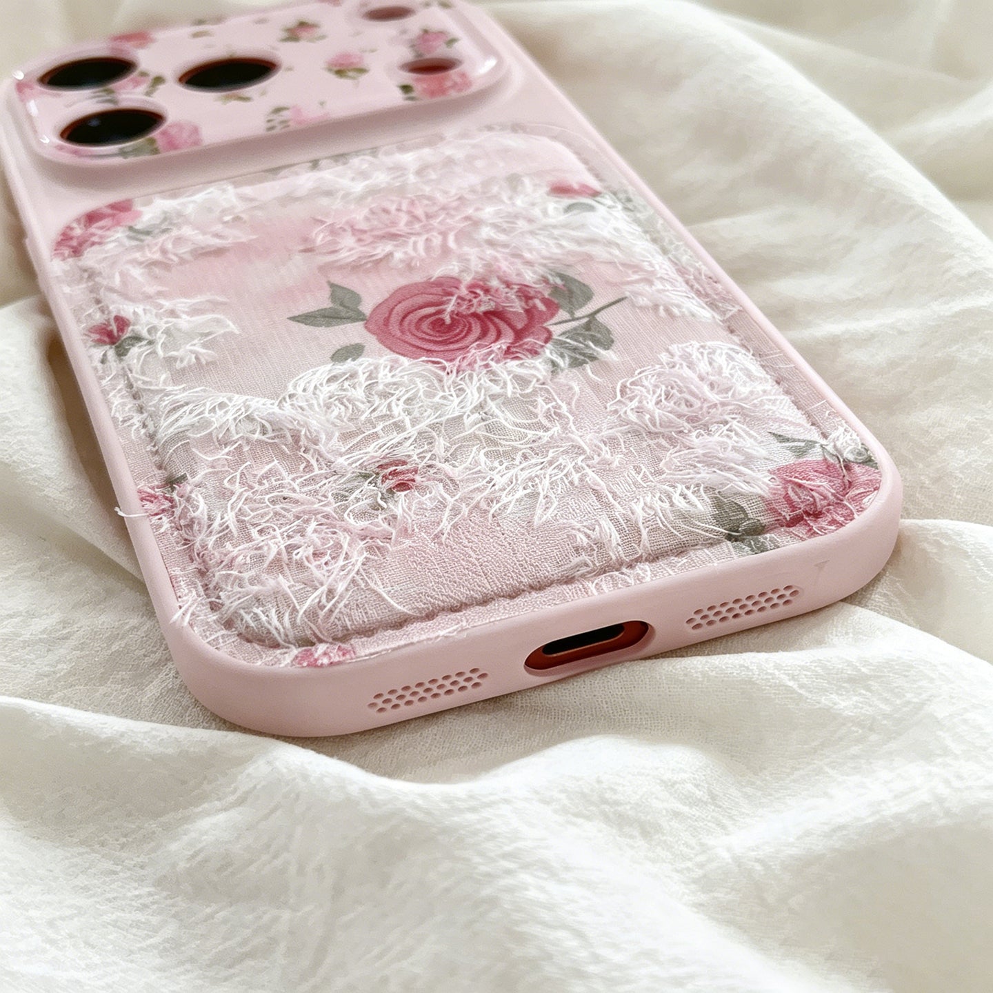 Pink Rose Lace Fringe iPhone Case, Vintage Floral Leather‑Texture Protective Cover