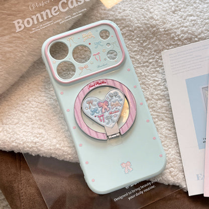 Ice Blue Polka Dot & Bow MagSafe iPhone Case with Heart Stand