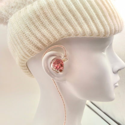 Cherry Pink Clear Shell Wired IEM Earphones with Mic, Optional Lightning / Type-C / USB Audio Adapters for iPhone Android PC Gaming Streaming