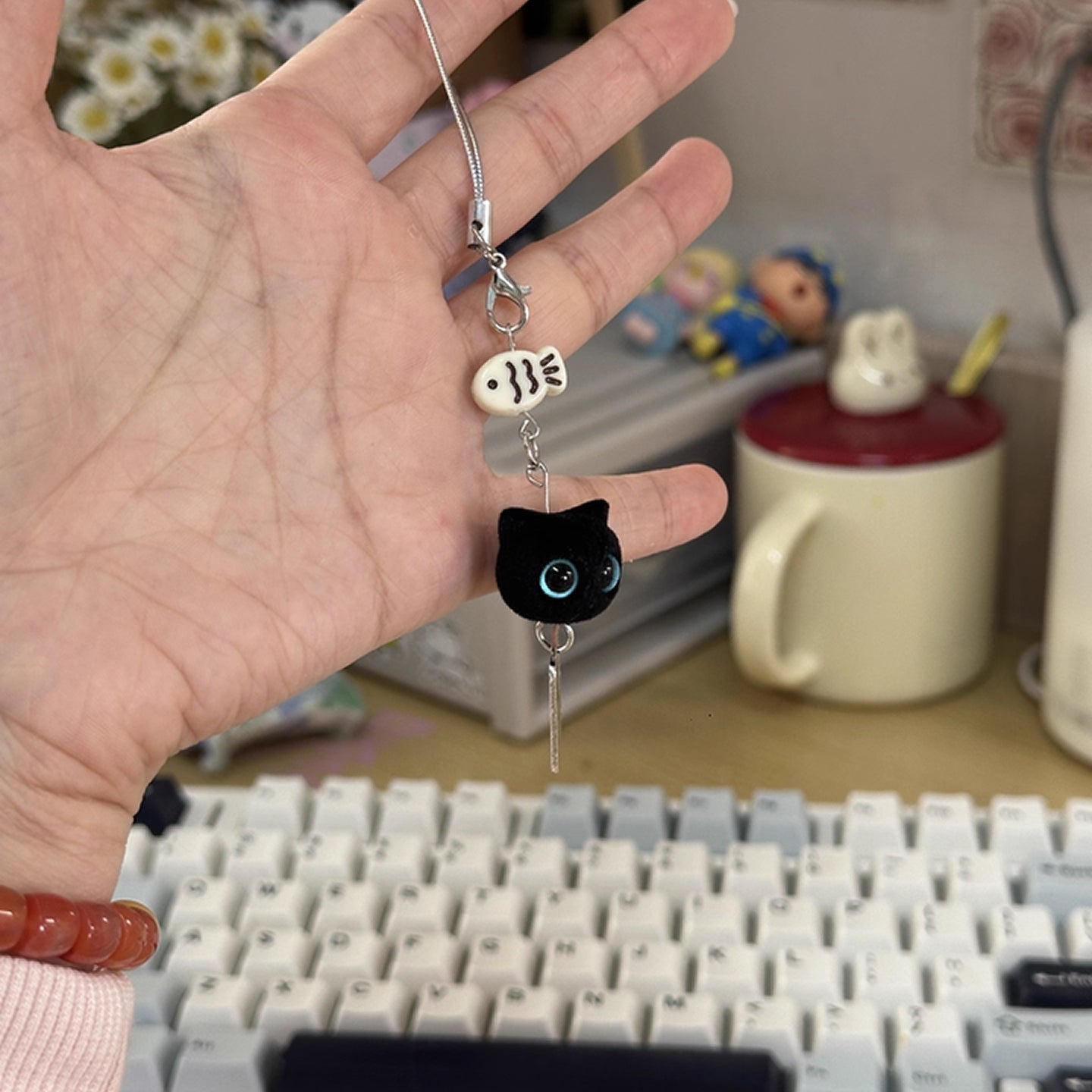 Cute Flocked Black Cat Keychain, Phone Charm Bag Pendant