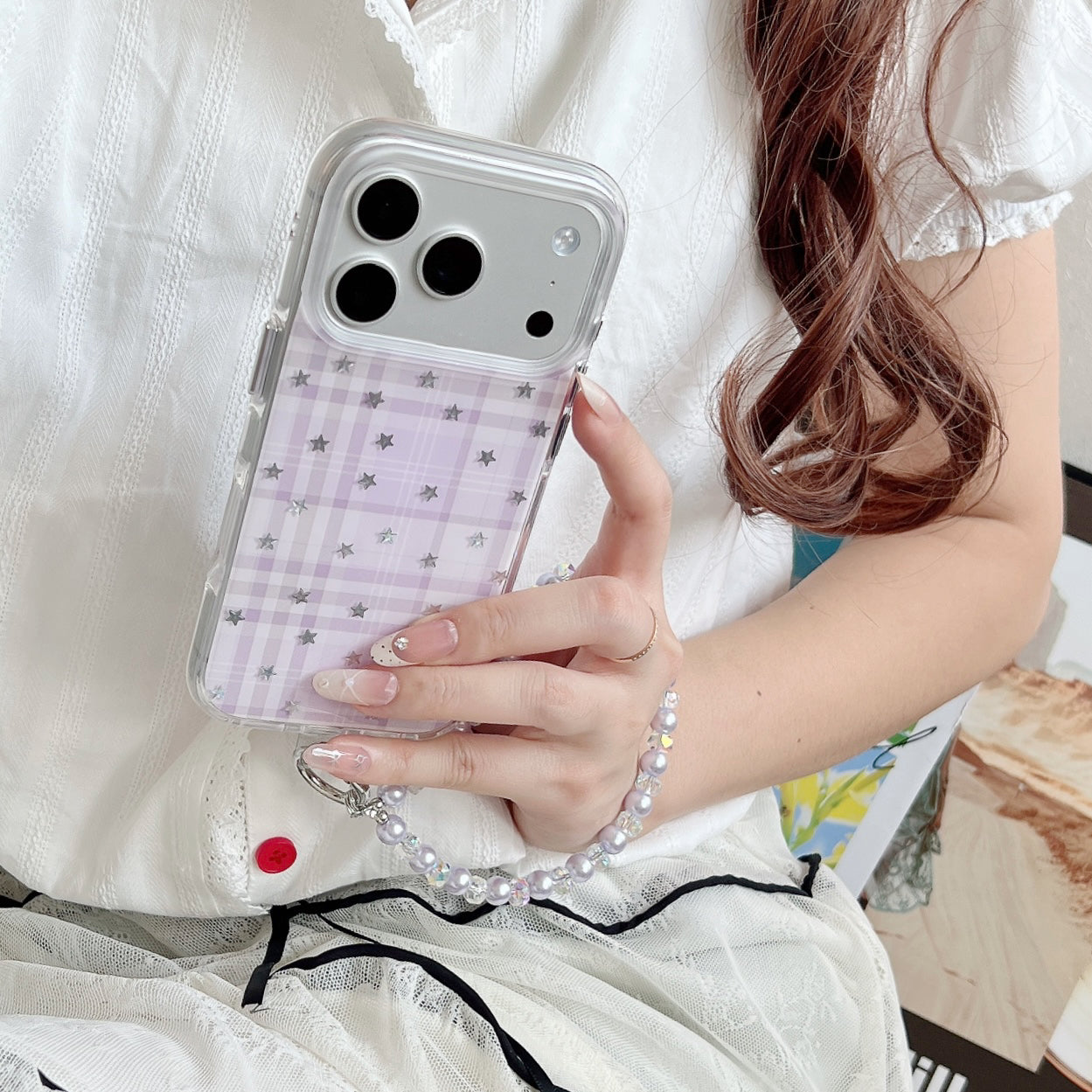 Purple Plaid Star iPhone Case with Pearl Chain