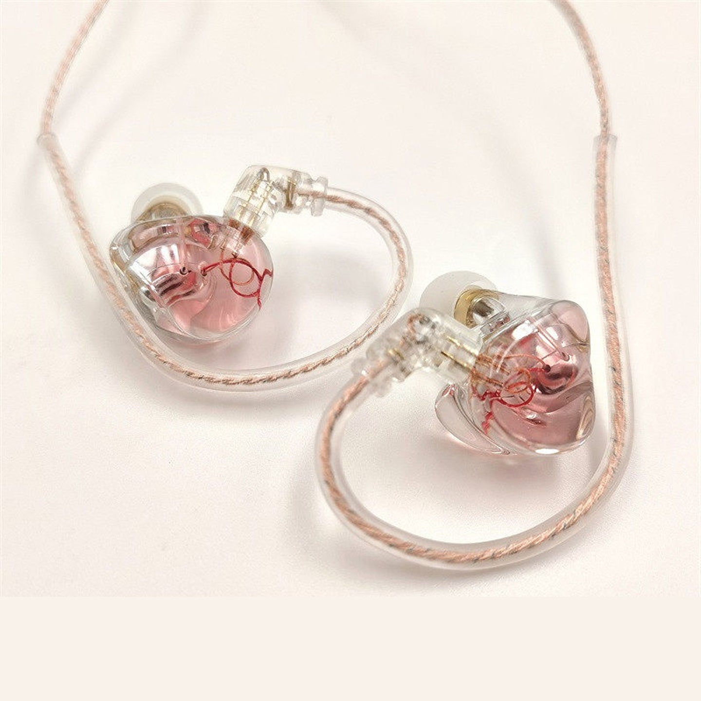Cherry Pink Clear Shell Wired IEM Earphones with Mic, Optional Lightning / Type-C / USB Audio Adapters for iPhone Android PC Gaming Streaming