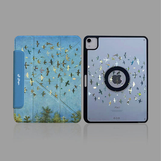 Blue Flock Birds Art Style Silicone iPad Case With Pencil Slot, Magnetic Double-Sided Holder, Shockproof 3-Y Folding Cover