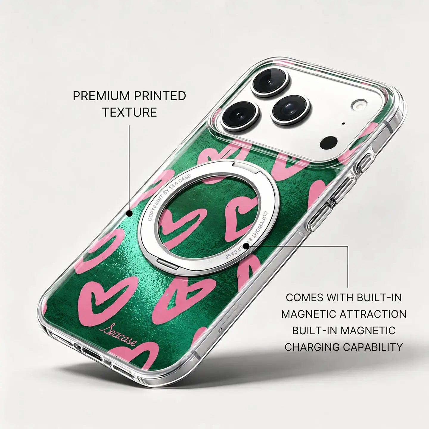 Green Pink Heart iPhone Case with MagSafe Ring Stand  SeaCase