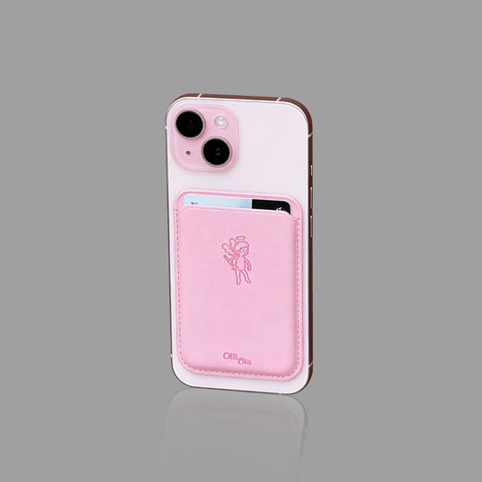 Angel Line Art Pink Magnetic Card Holder, Premium PU Leather Card Pocket