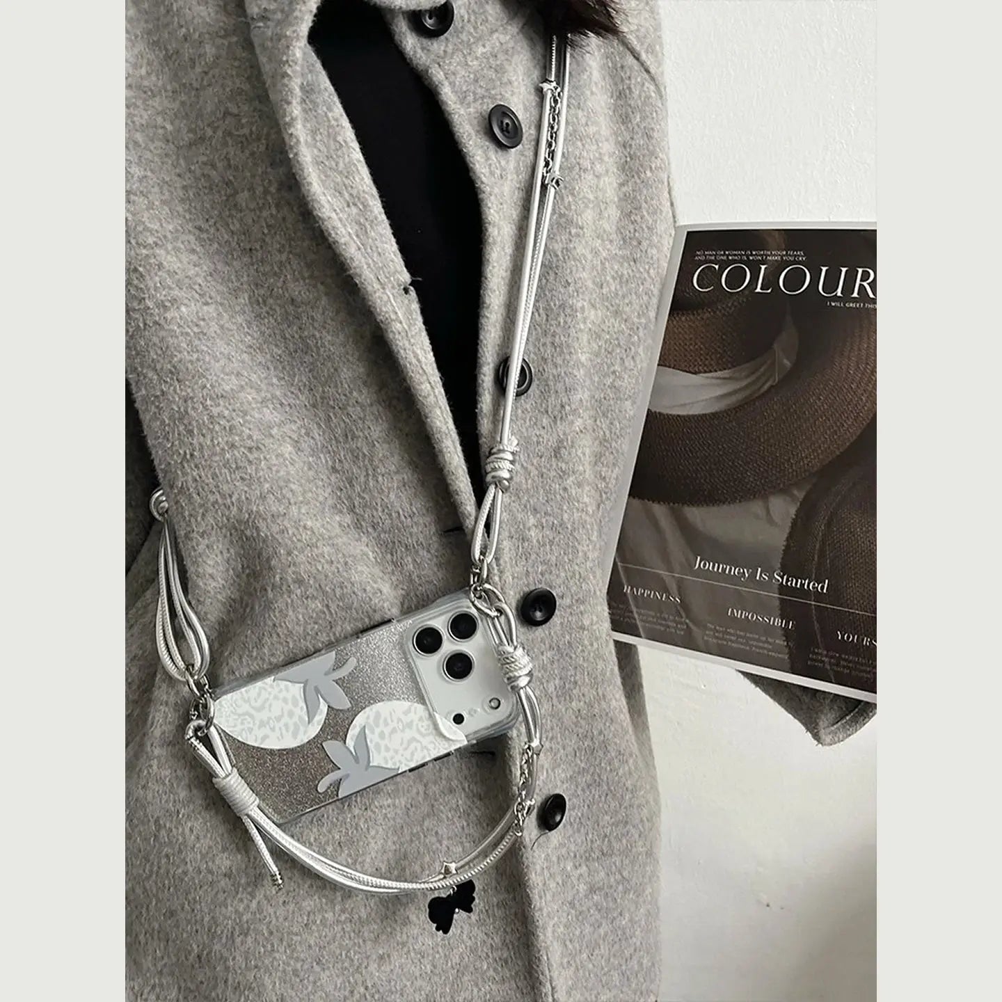 Transparent Gray Strawberry iPhone Case with Silver Leather Strap SEACASE